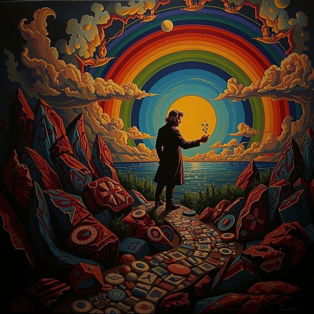 Neon Cityscape with Cosmic Patterns in Triadic Colors