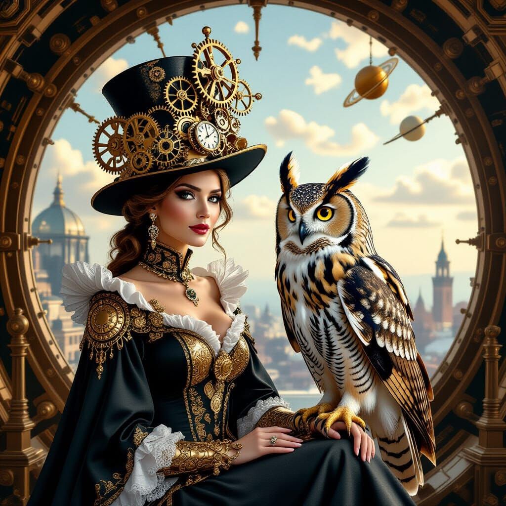 Regal Woman and Owl with Clockwork Hat in Steampunk Observat...