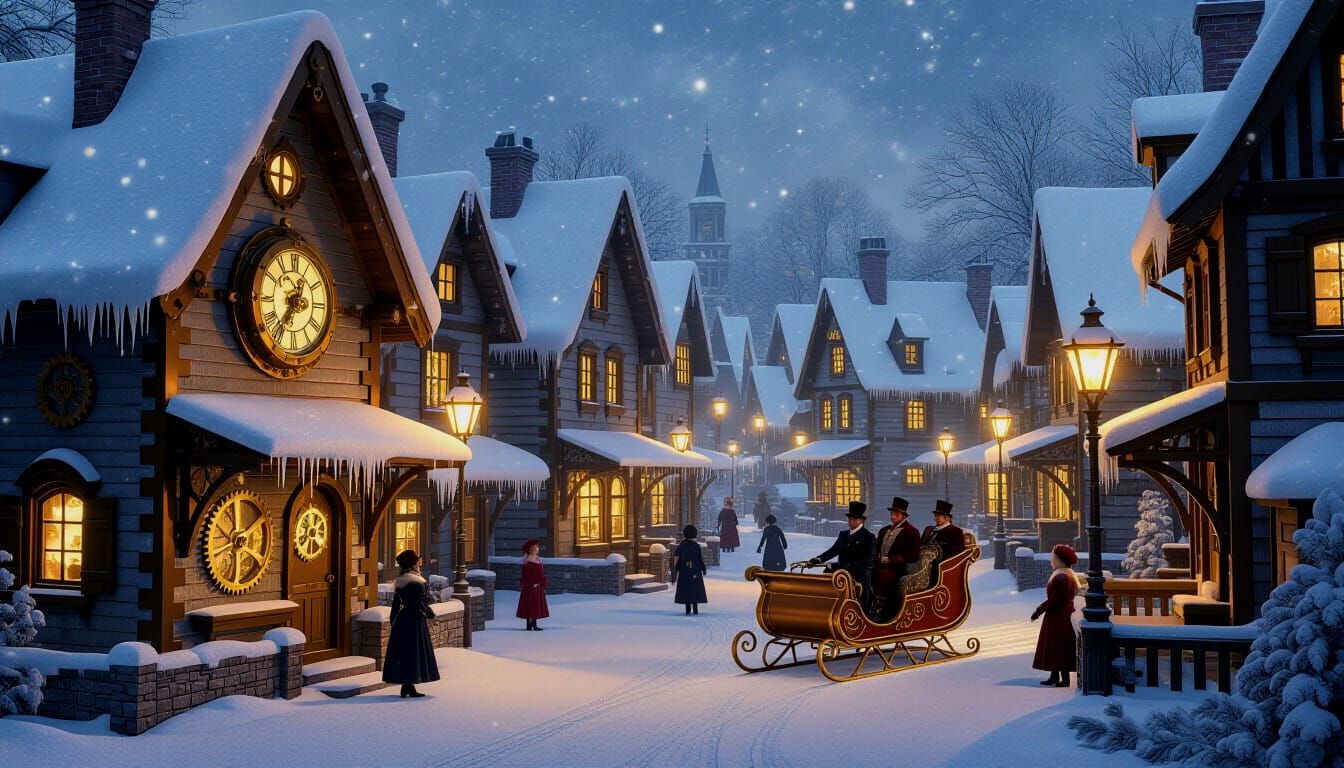 Steampunk Victorian Winter Village with Clockwork Sleighs