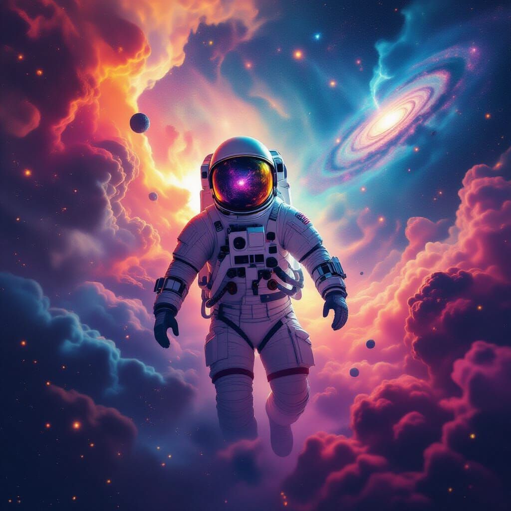Astronaut in Surreal Nebula with Alien Reflection