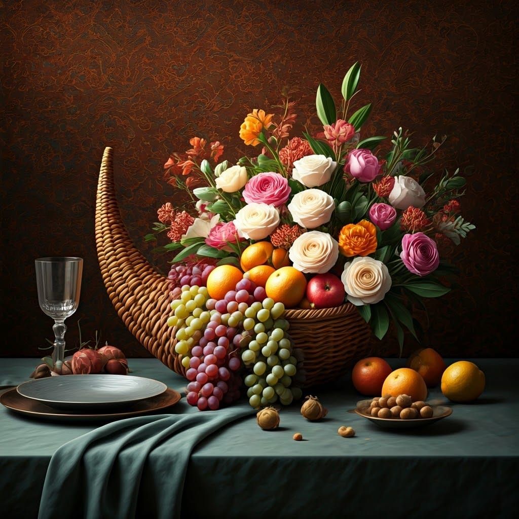 Hyperrealistic Cornucopia Still Life in Renaissance-Inspired...