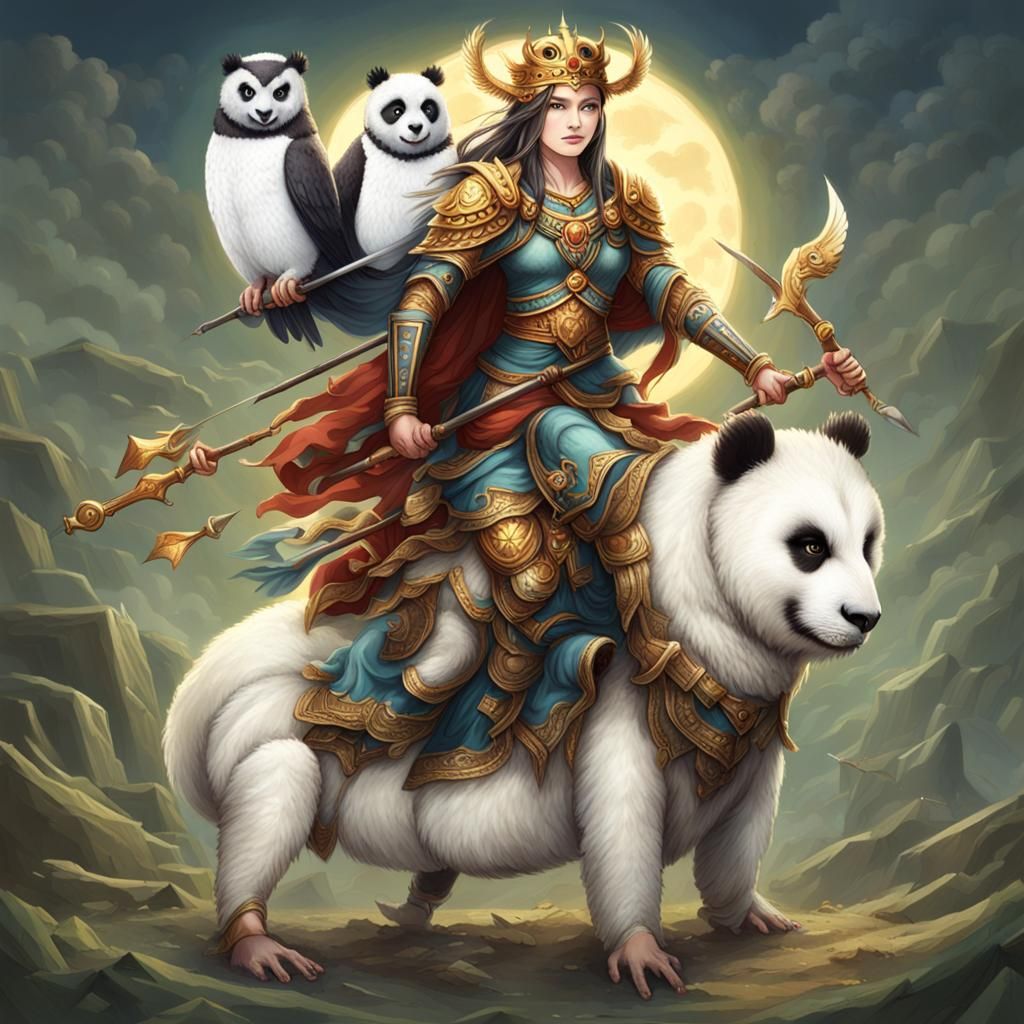Owl Goddess on Panda Steed in Battle
