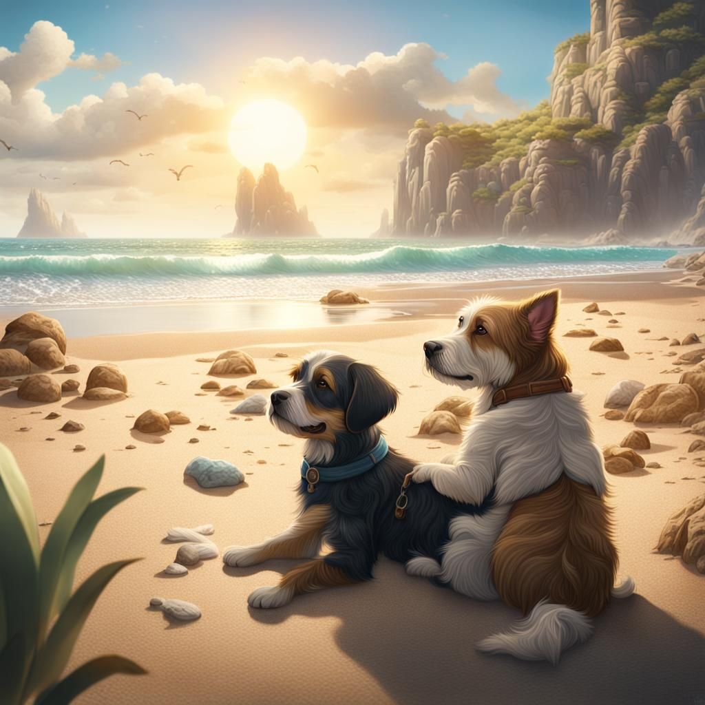 Adorable Dogs Hugging on Beach, Detailed Matte Painting