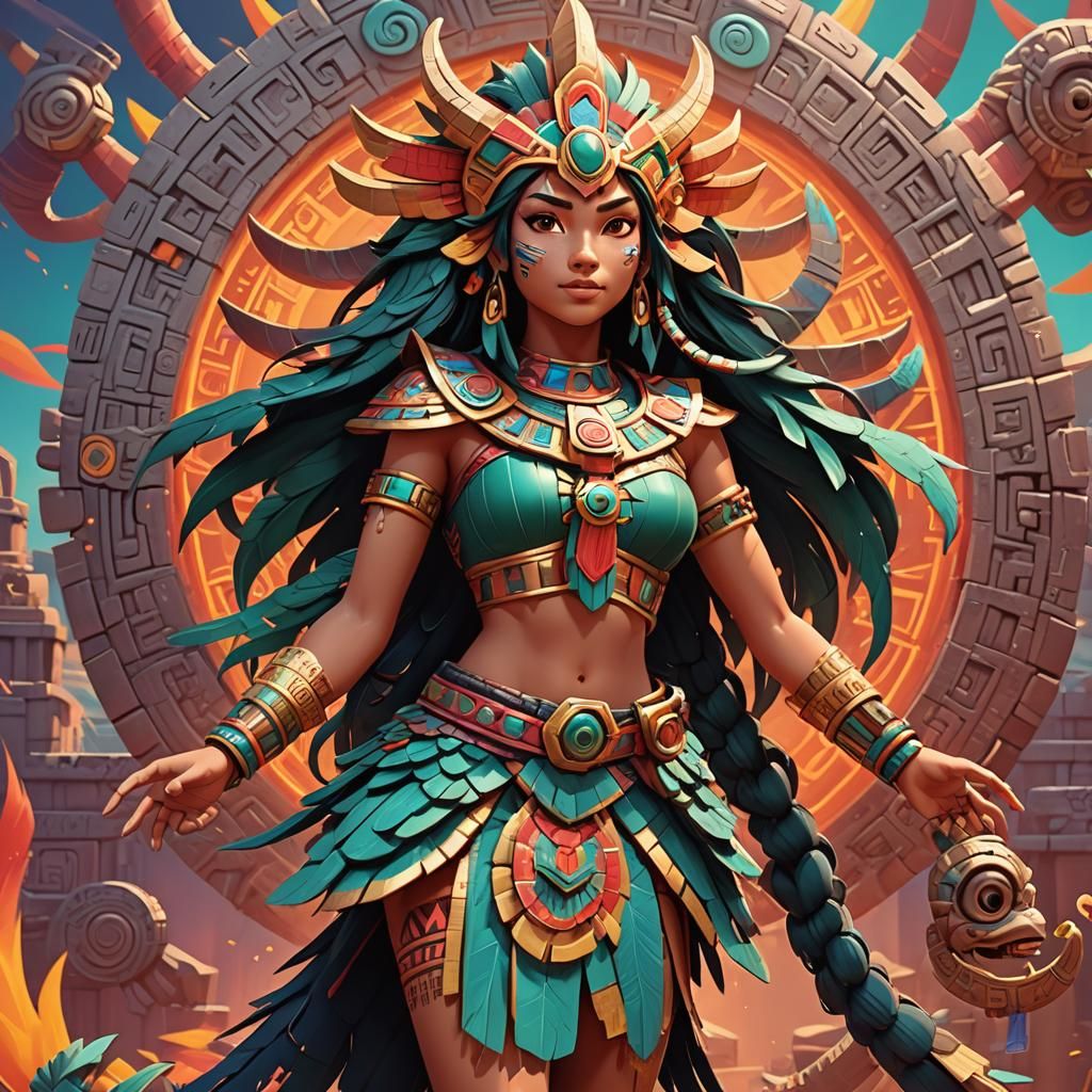 Aztec Anime Quetzalcoatl Girl: 3D Digital Art