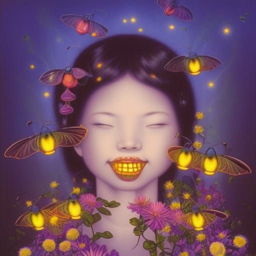 Fireflies Chatting in Surreal Flower Garden