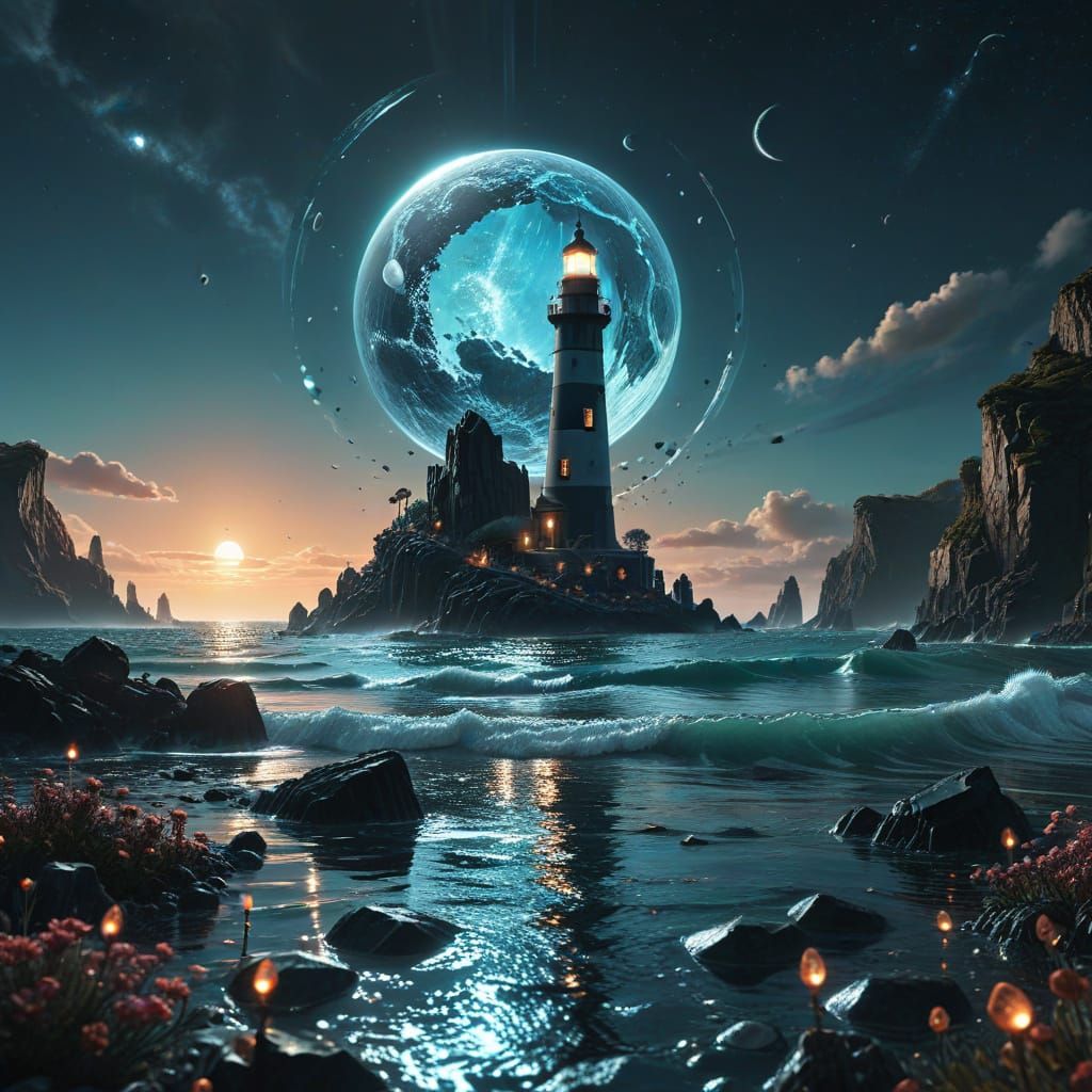 Crystal Ocean Landscape with Two Moons and Obsidian Lighthou...