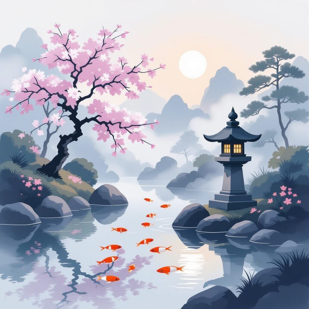 Tranquil Japanese Garden at Dawn in Sumi-e Style