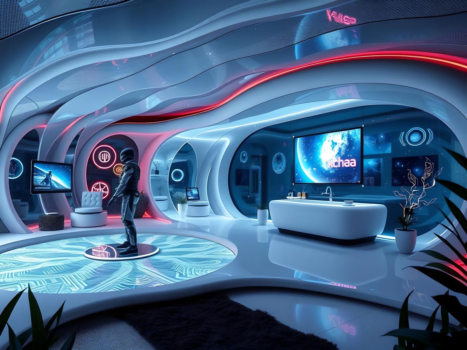 Futuristic Smart Home with Glowing Screens and Neon Lights