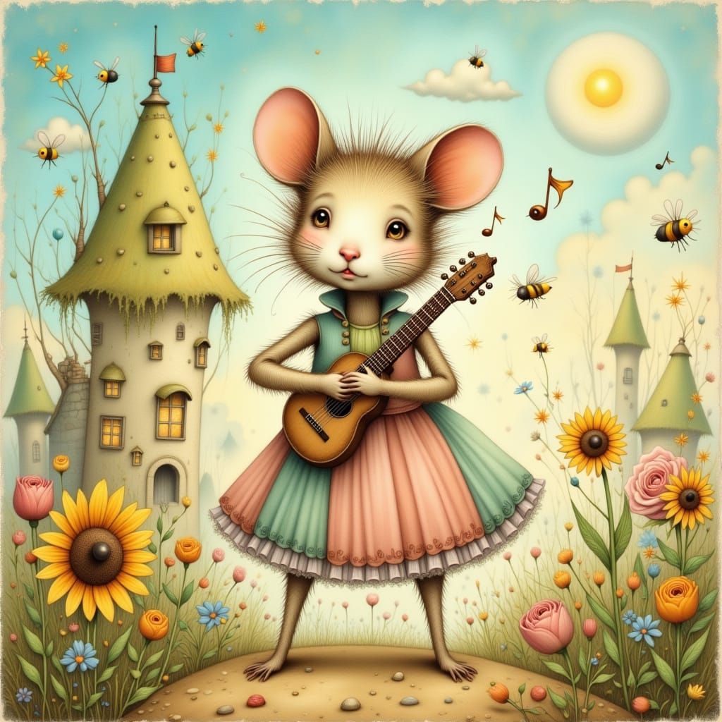 Adorable Mouse with Guitar in Whimsical Garden