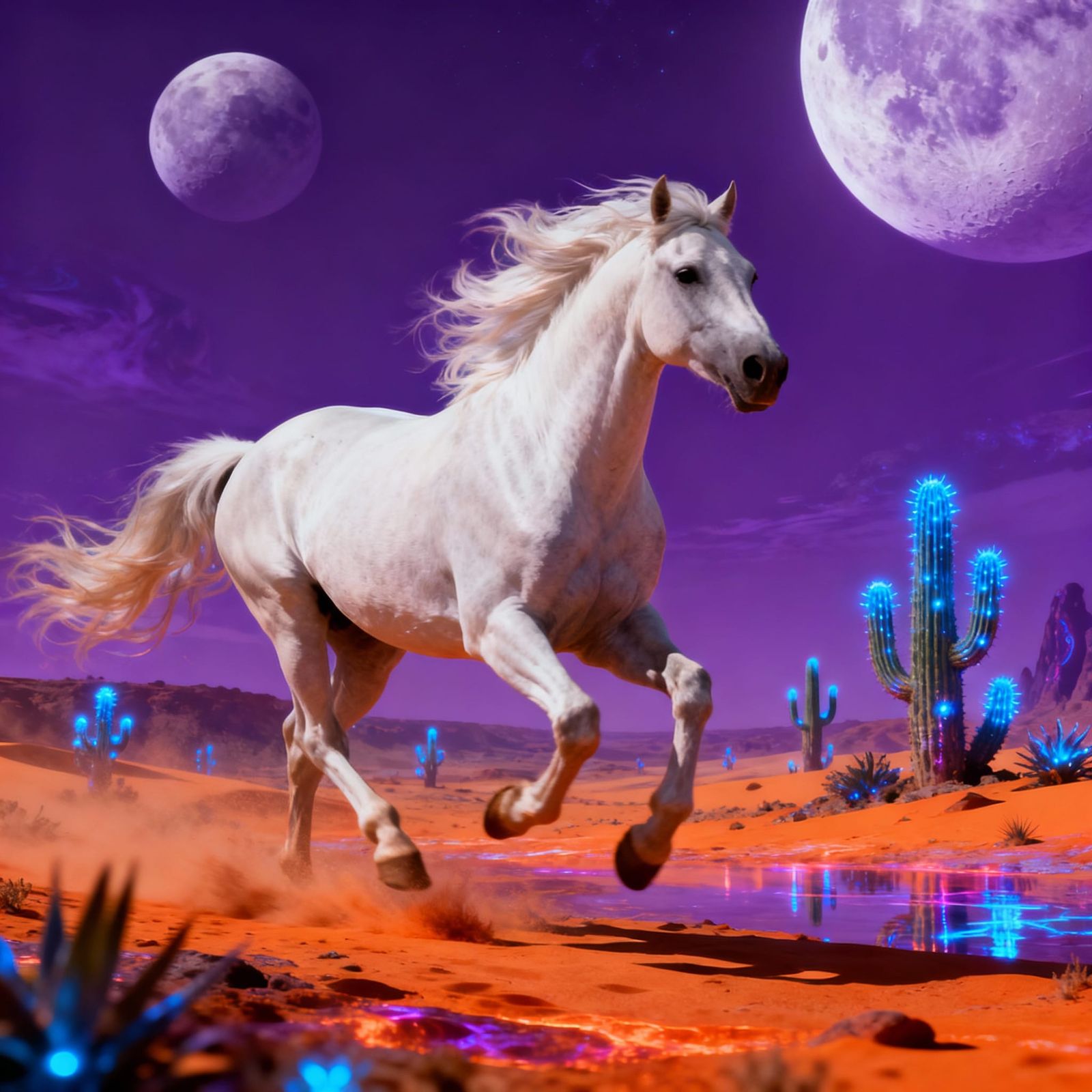 Majestic White Horse on Alien Desert Under Twin Moons