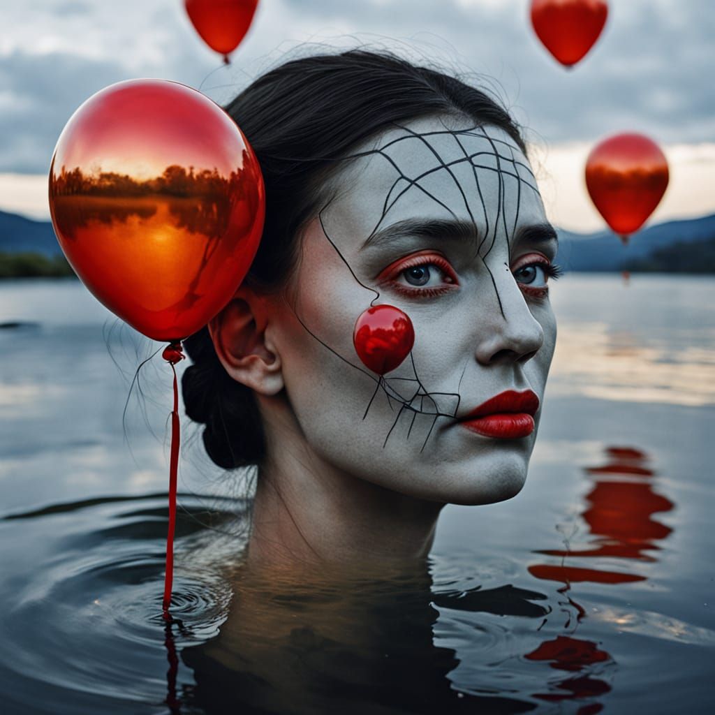 Surreal Woman with Red Balloons in Dream Landscape