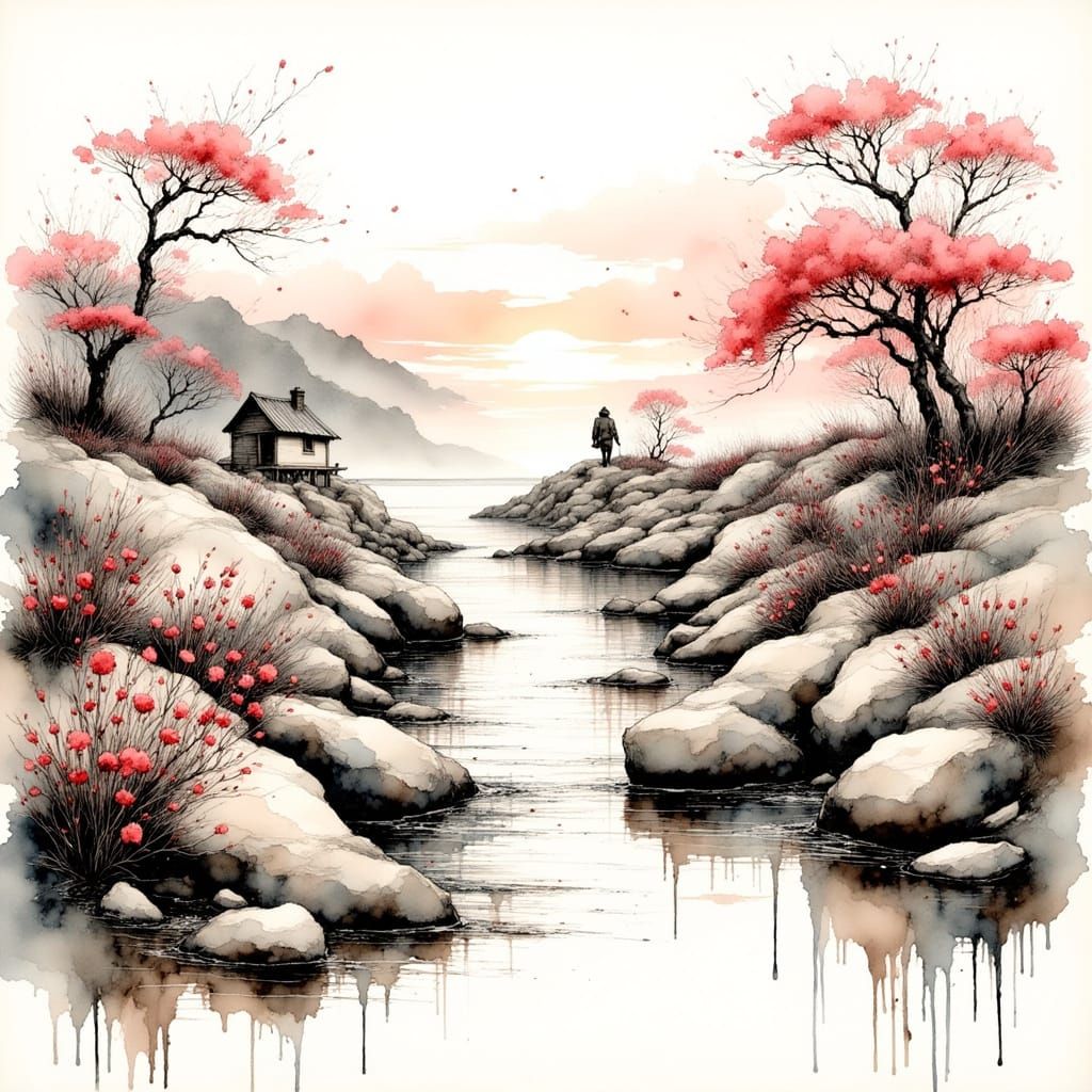 Japanese Landscape Ink Poet Masterpiece