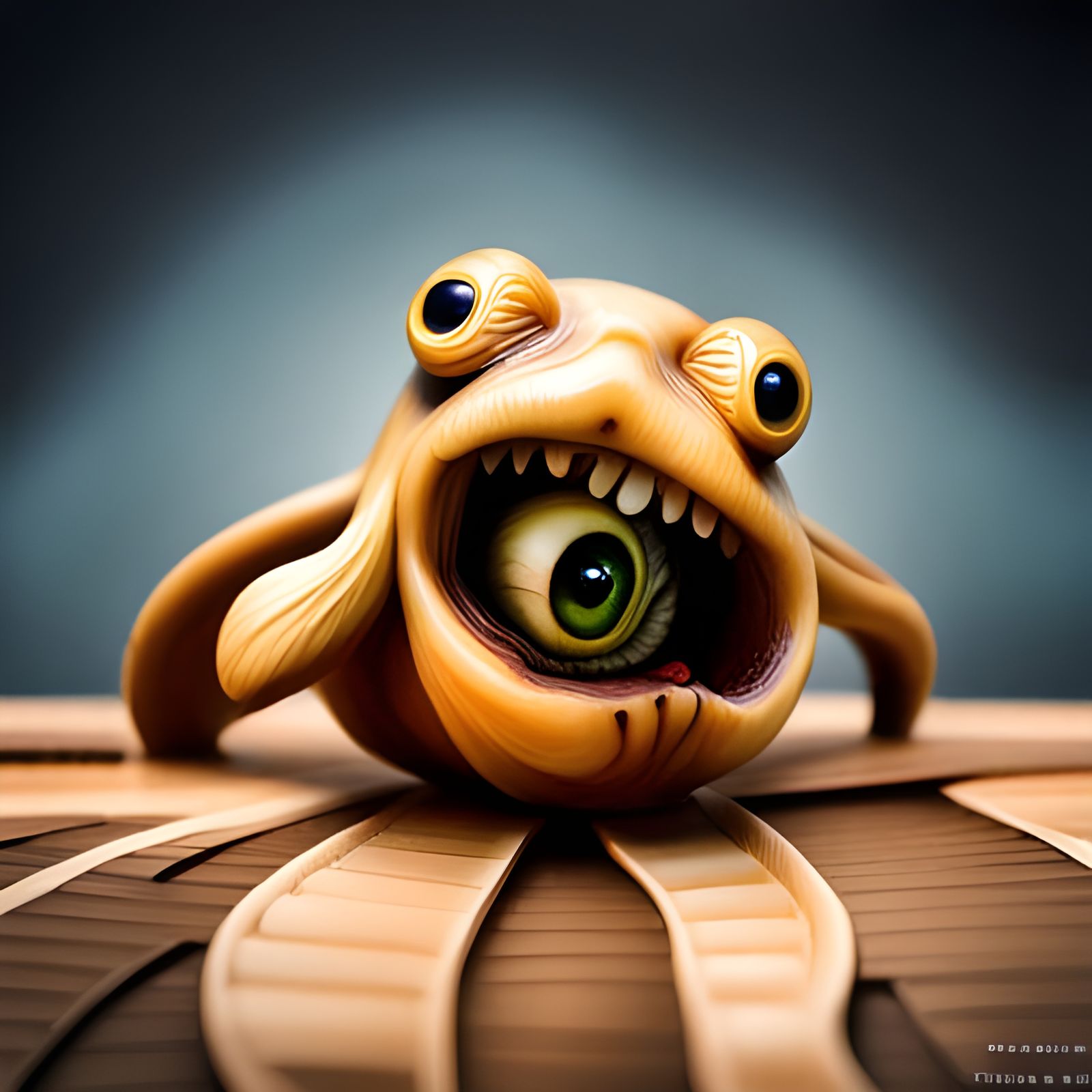 Detailed Bone Netsuke of a Weathered Alien