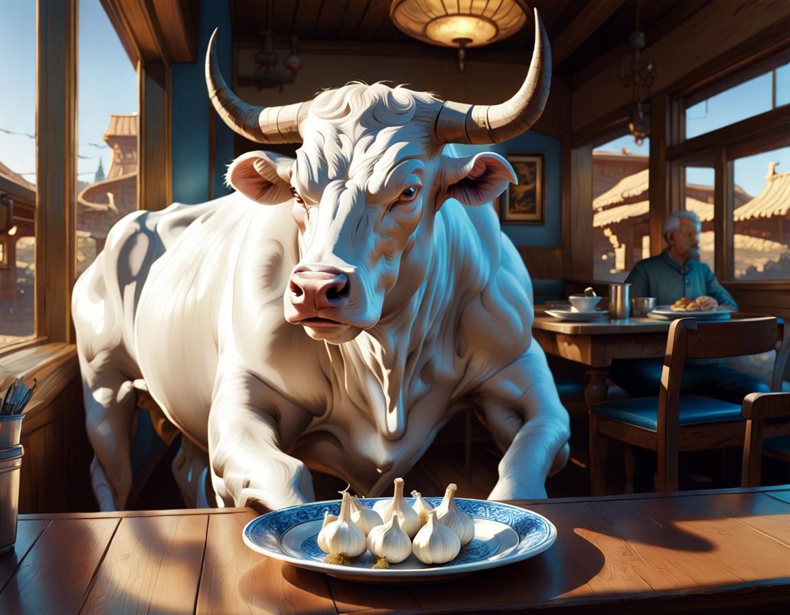 Blue Bull Contemplates Garlic: Moebius-Style Digital Art