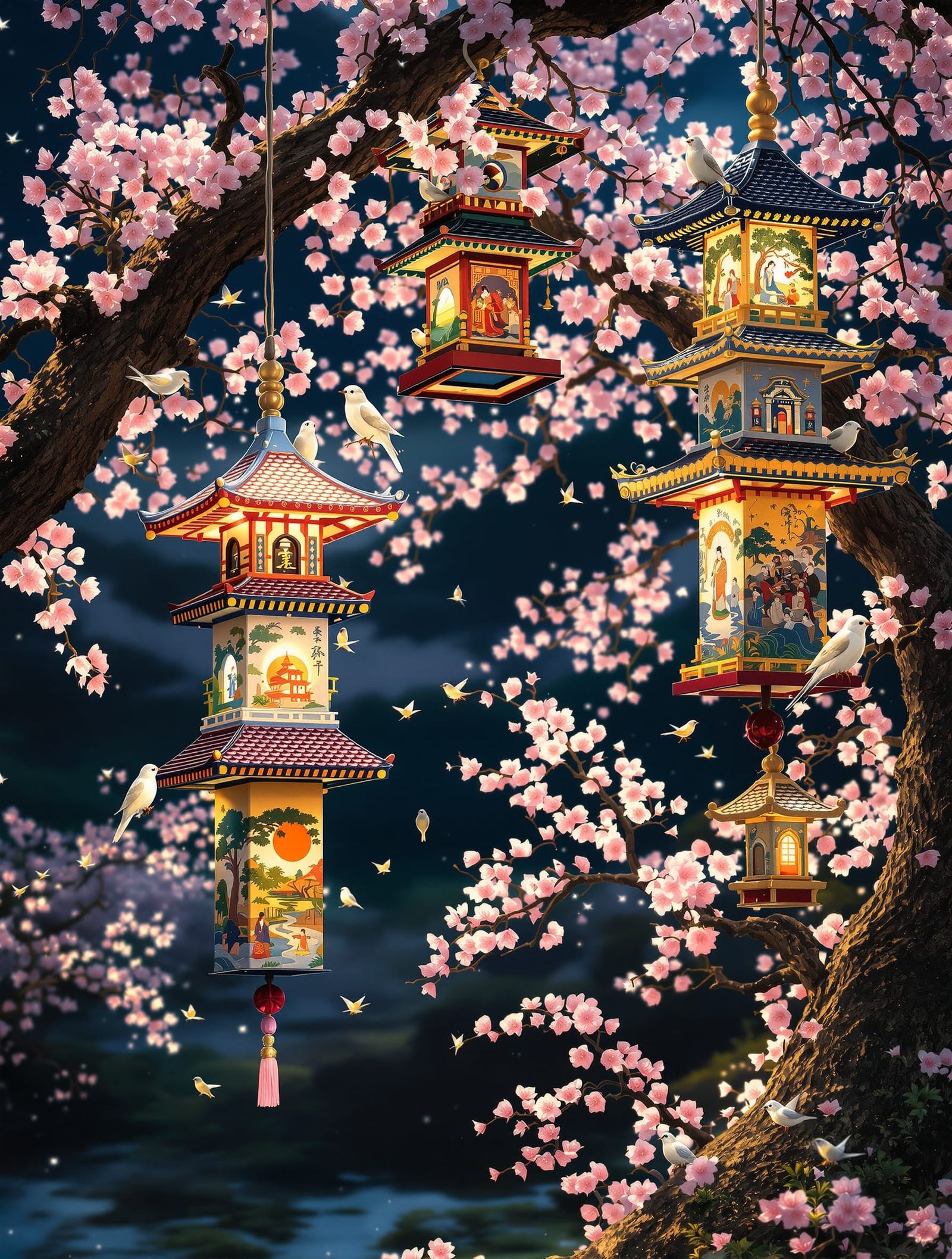 Pagoda Birdhouses on Cherry Blossom Tree at Night