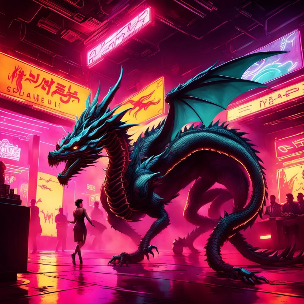 Dragon Dances in Neon Cyberpunk Nightclub