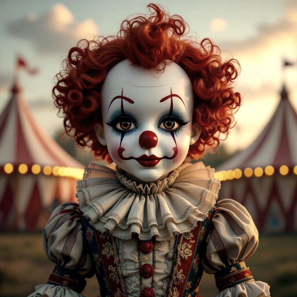 Whimsical Eerie Clown Doll in Victorian Circus