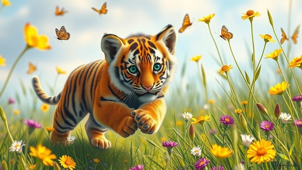 Vibrant Tiger Cub Explores Sunlit Meadow in Whimsical Wildli...