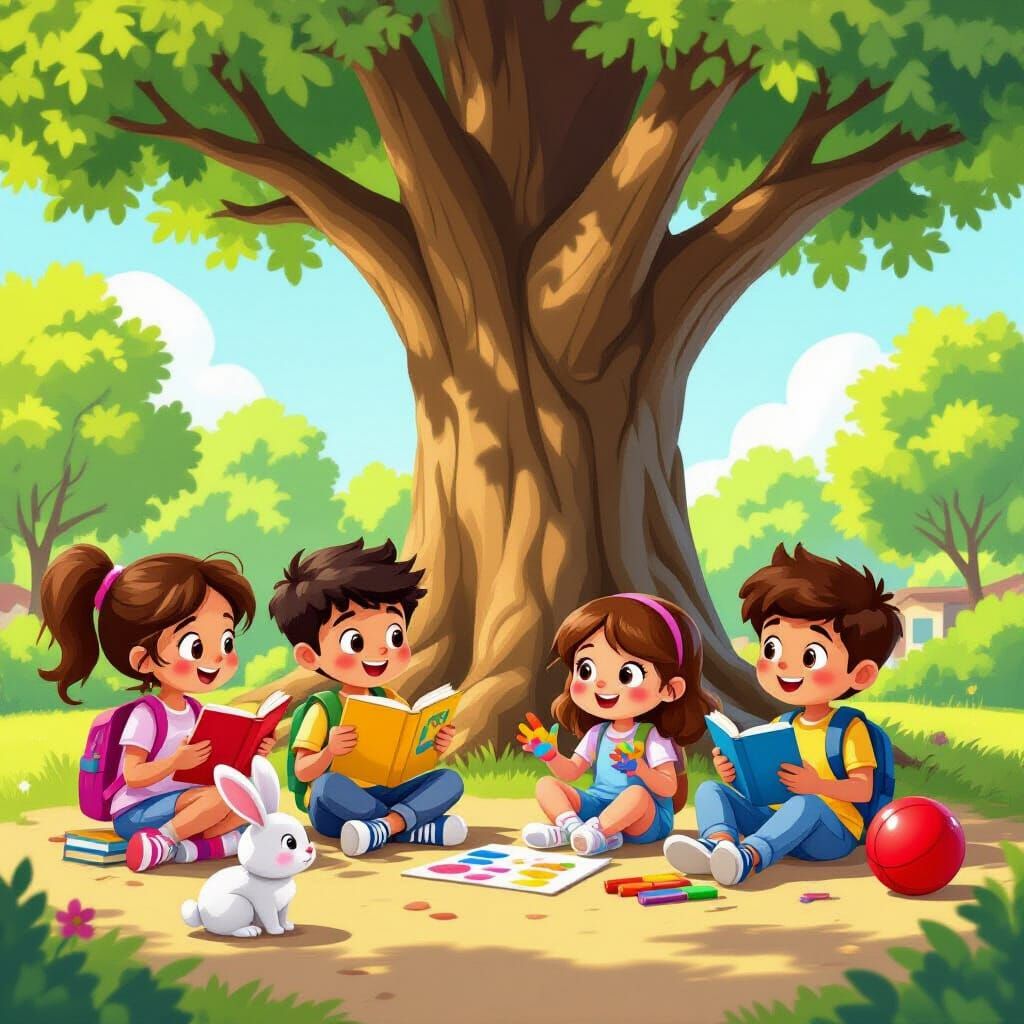 Children's Playground Scene with Expressive Cartoon Characte...