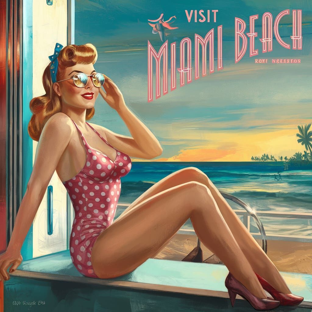 Retro Miami Beach Pin-Up Art Deco Illustration