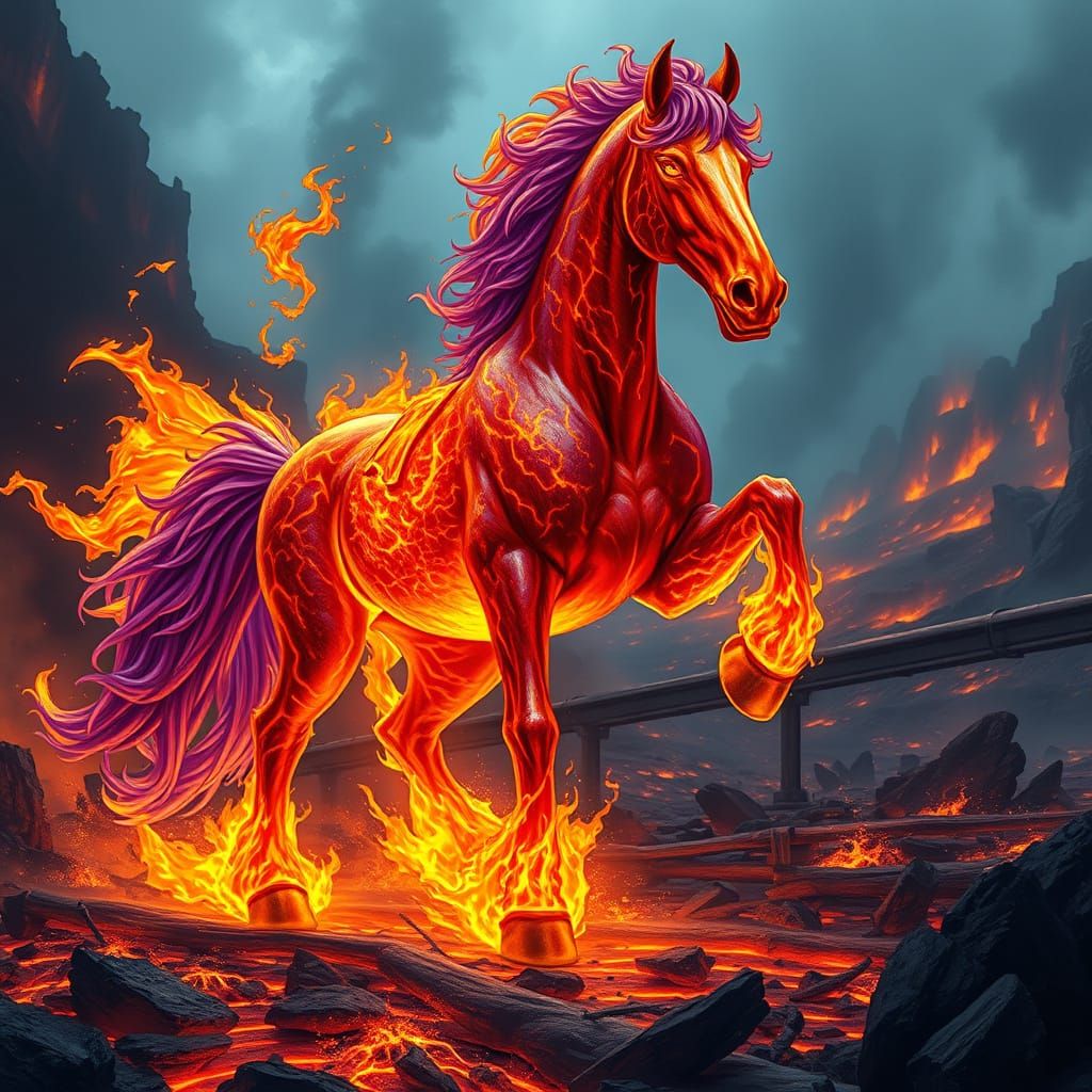 A horse, fierce and made entirely of molten liquid fire, stands in the midst of a blazing battlefield. The burning body ...