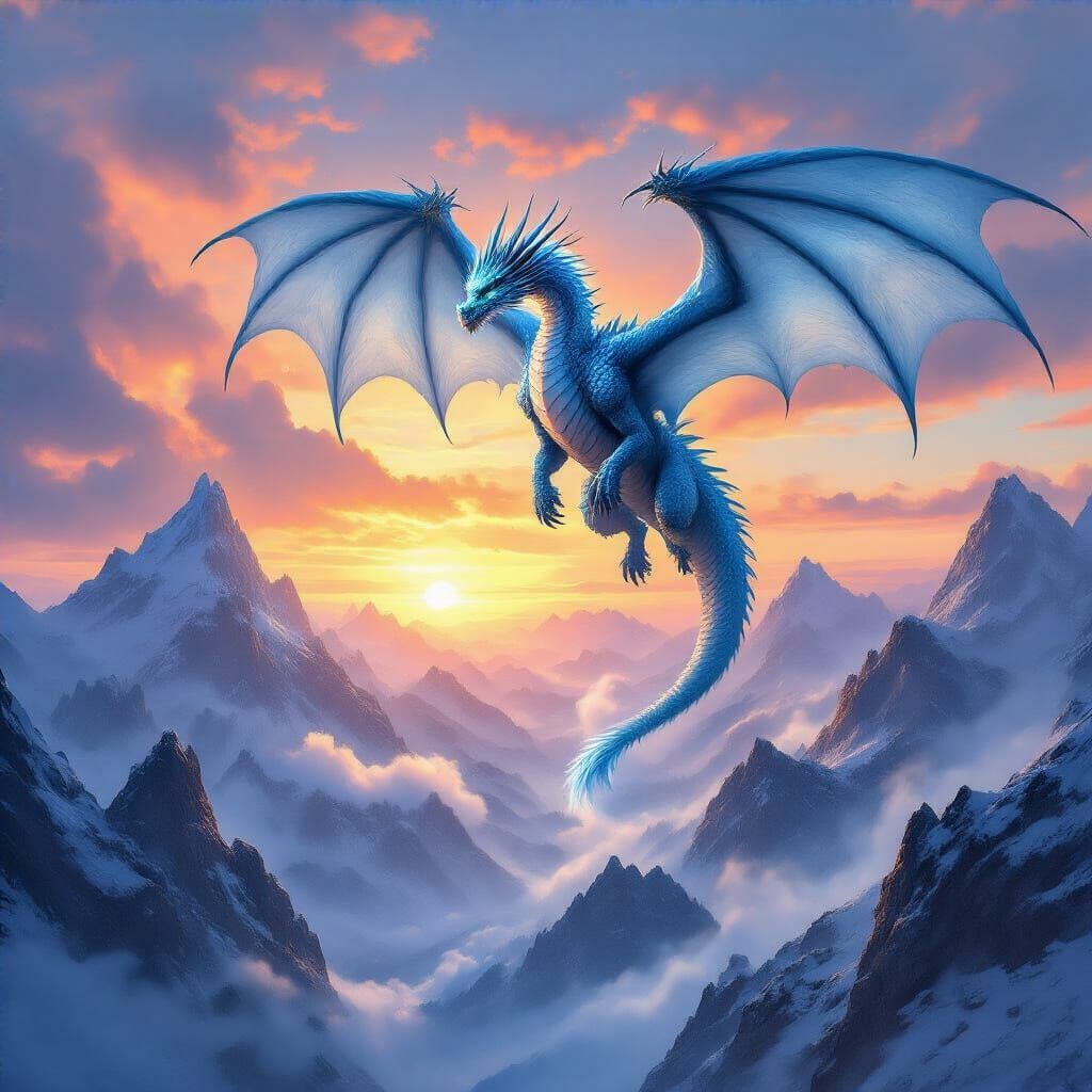 Icy Dragon Soaring Above Snowy Peaks at Sunrise
