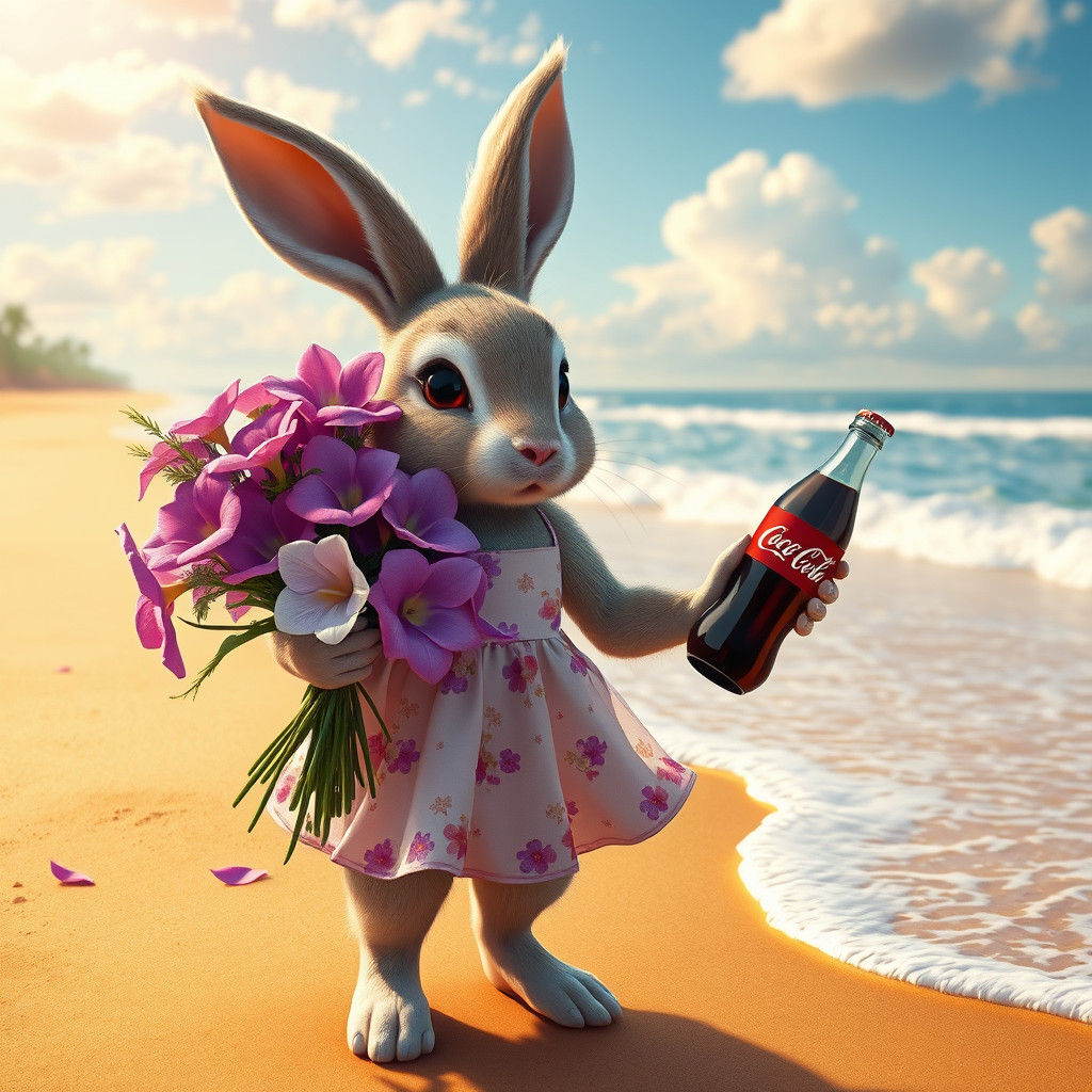Bunny with Flowers and Coke on Beach