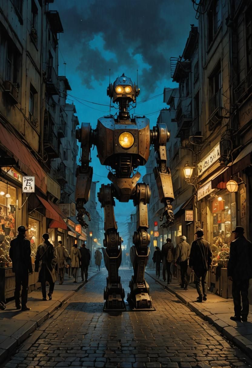 Mechanical Robot Walking Down Lit Street