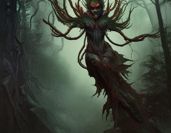 Terrifying Banshee in Dark Forest, Polychromatic Art
