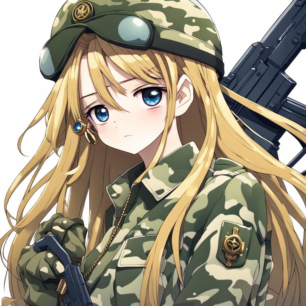 Anime Girl with Golden Hair and Camouflage Accessories