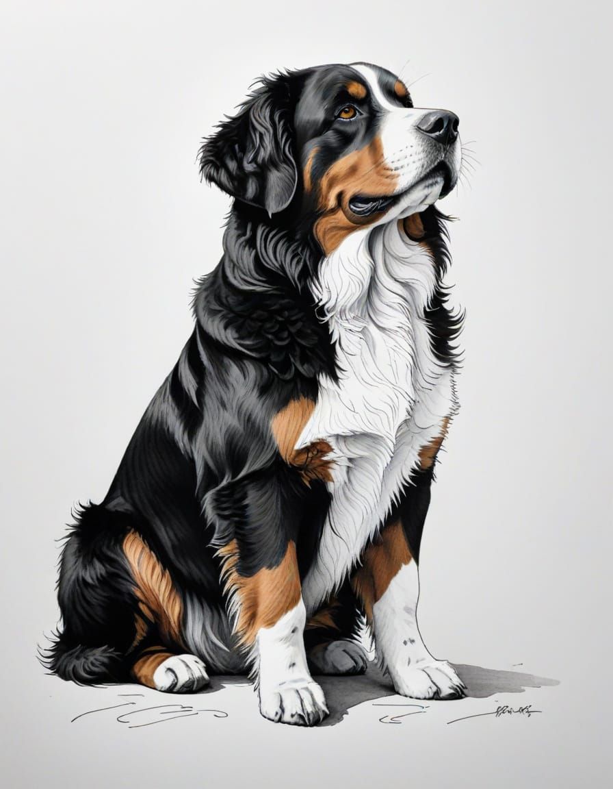Sitting Bernese Mountain Dog in Ink