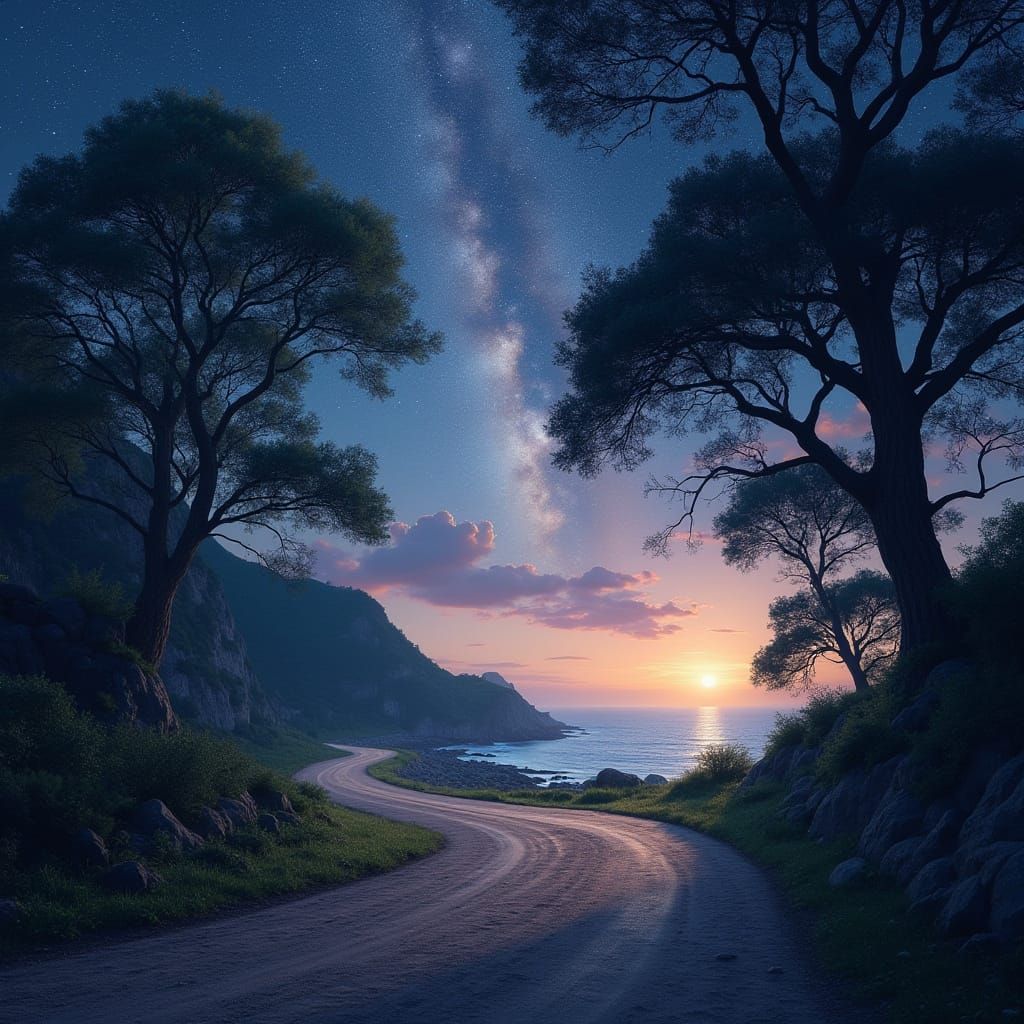 Scenic Highway with Waterfall and Andromeda Galaxy