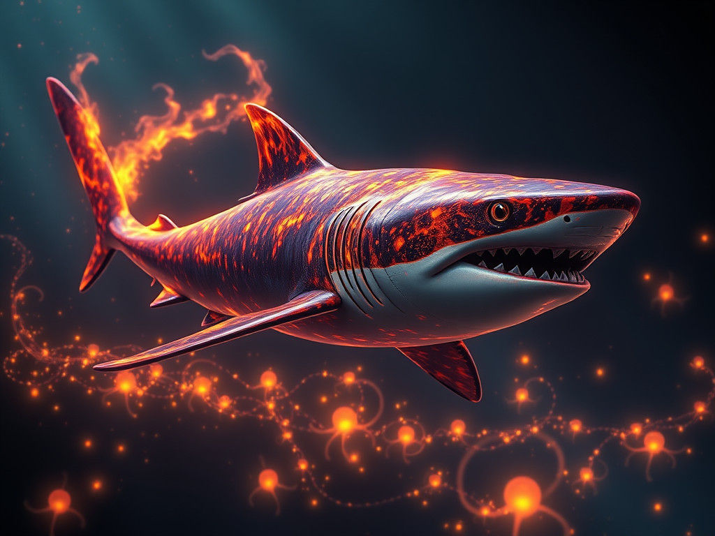 Fiery Shark Swimming Through the Deep Ocean