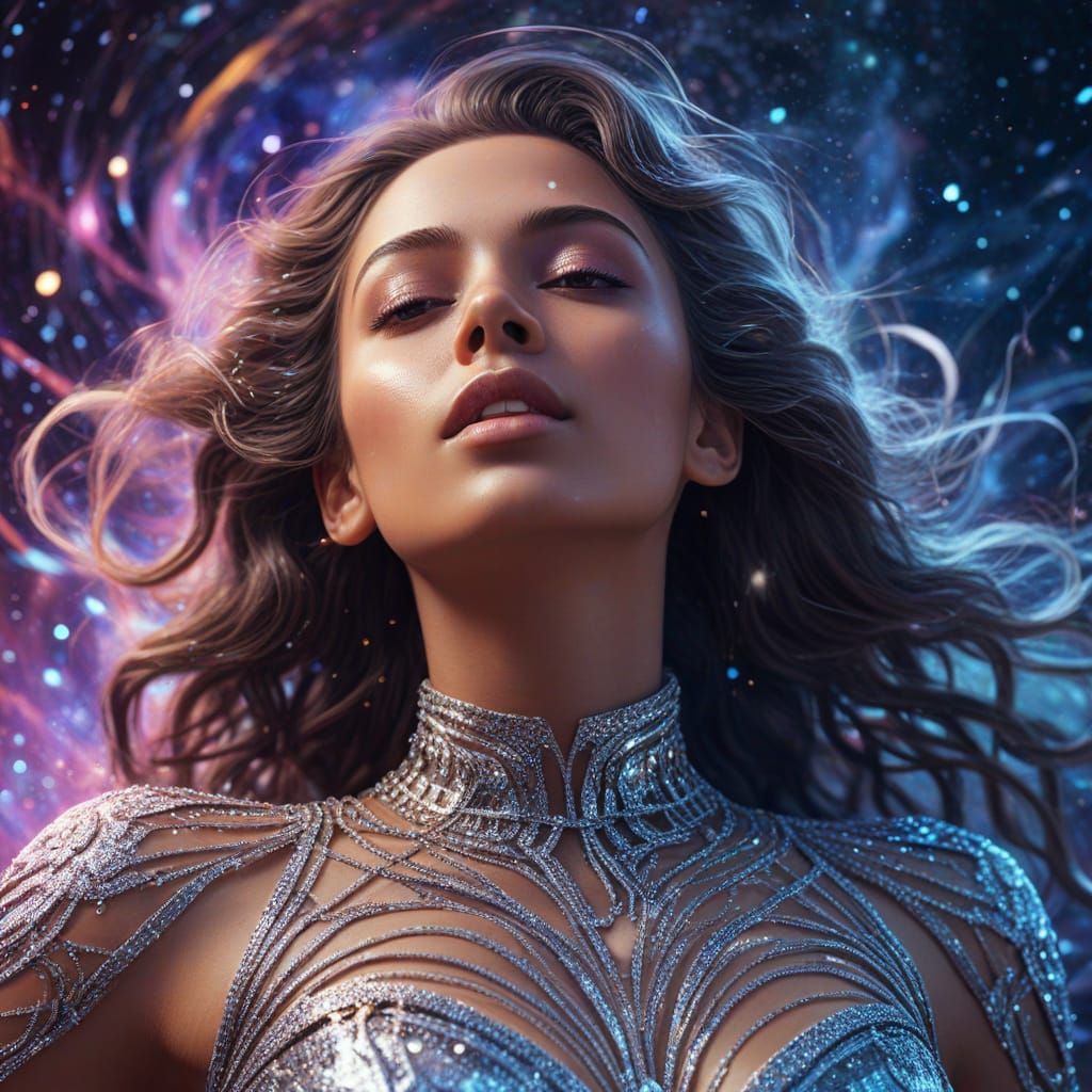 Celestial Woman in Stardust: Vibrant Astral Dreamscape