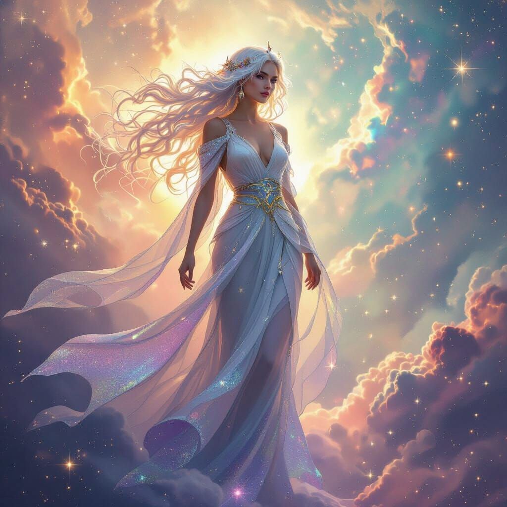 Celestial Goddess in Nebula with Flowing Stardust Hair
