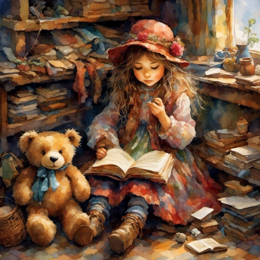 Girl Reads Story to Teddy Bear