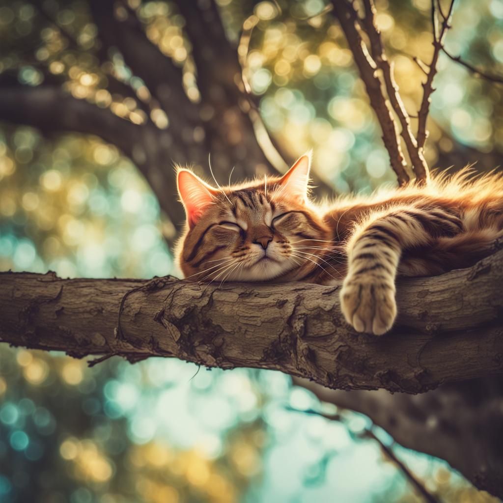 Robin Hood Cat Napping in Tree, Fragonard Style