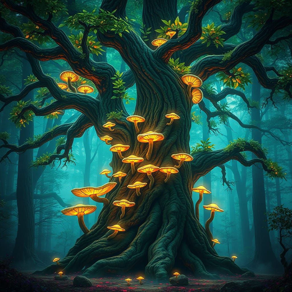 Majestic Treant in Vibrant Forest Oasis, as Cyberpunk Fantas...