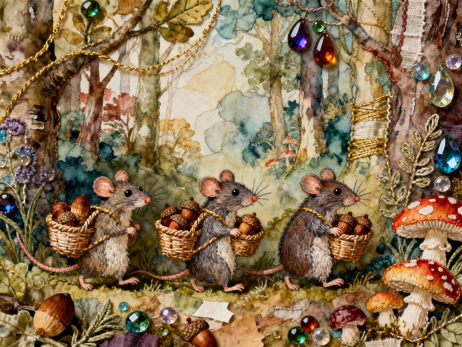 Mice Gathering Acorns in Detailed Forest Collage