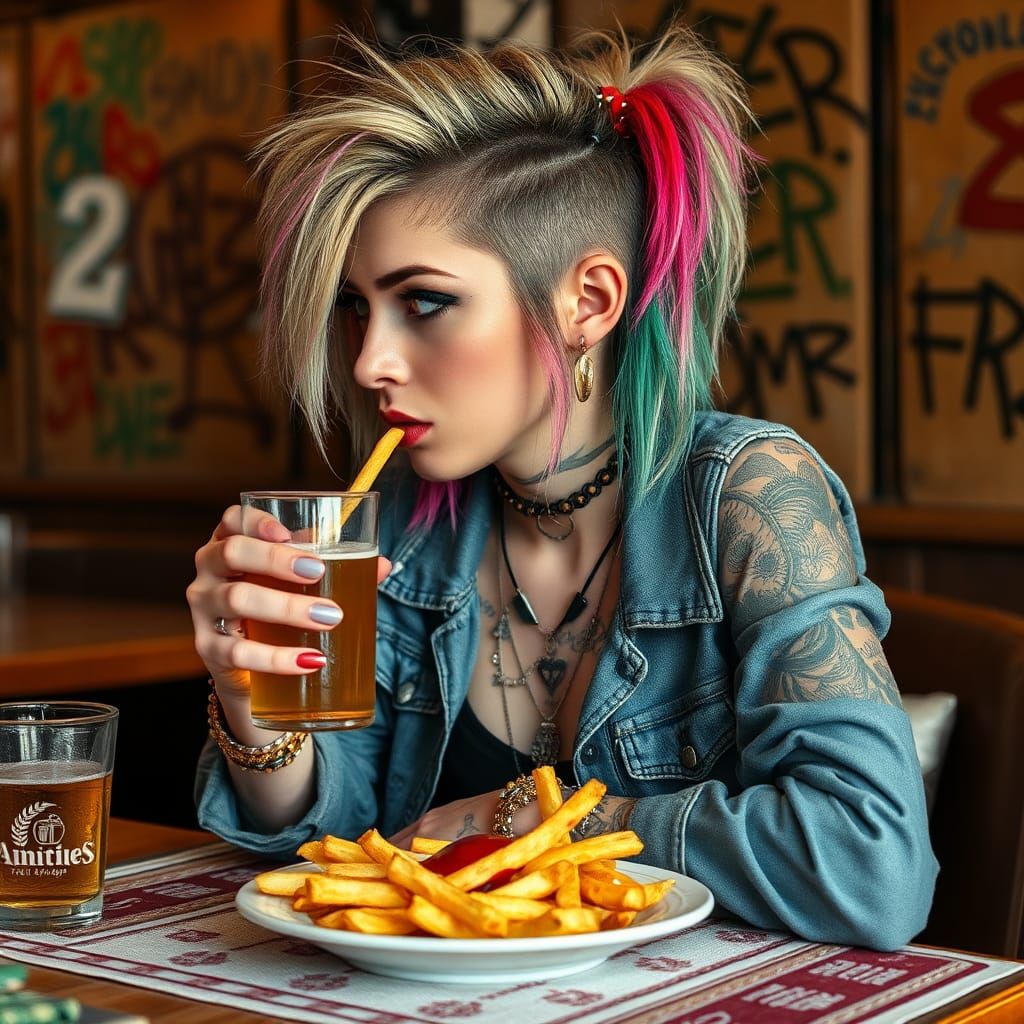 Farouche jeune femme, punk 25 ans, yeux gris, cheveux