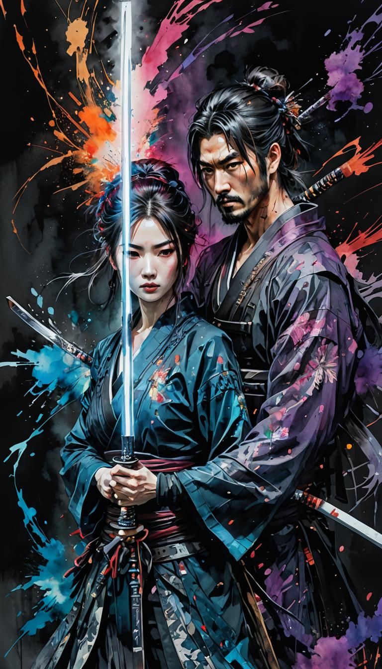 Dual Katana Bushido in Watercolor Style