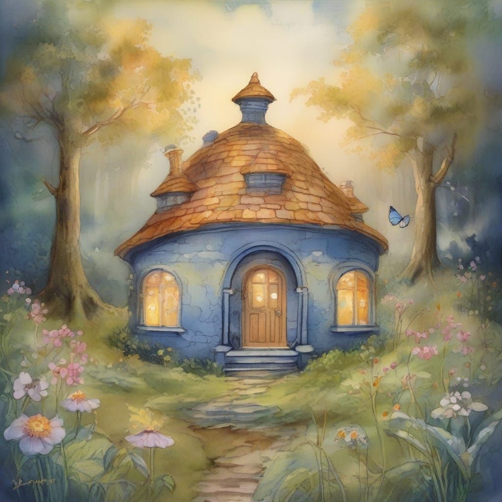 Teapot House in Enchanted Forest, Watercolor Fantasy Art