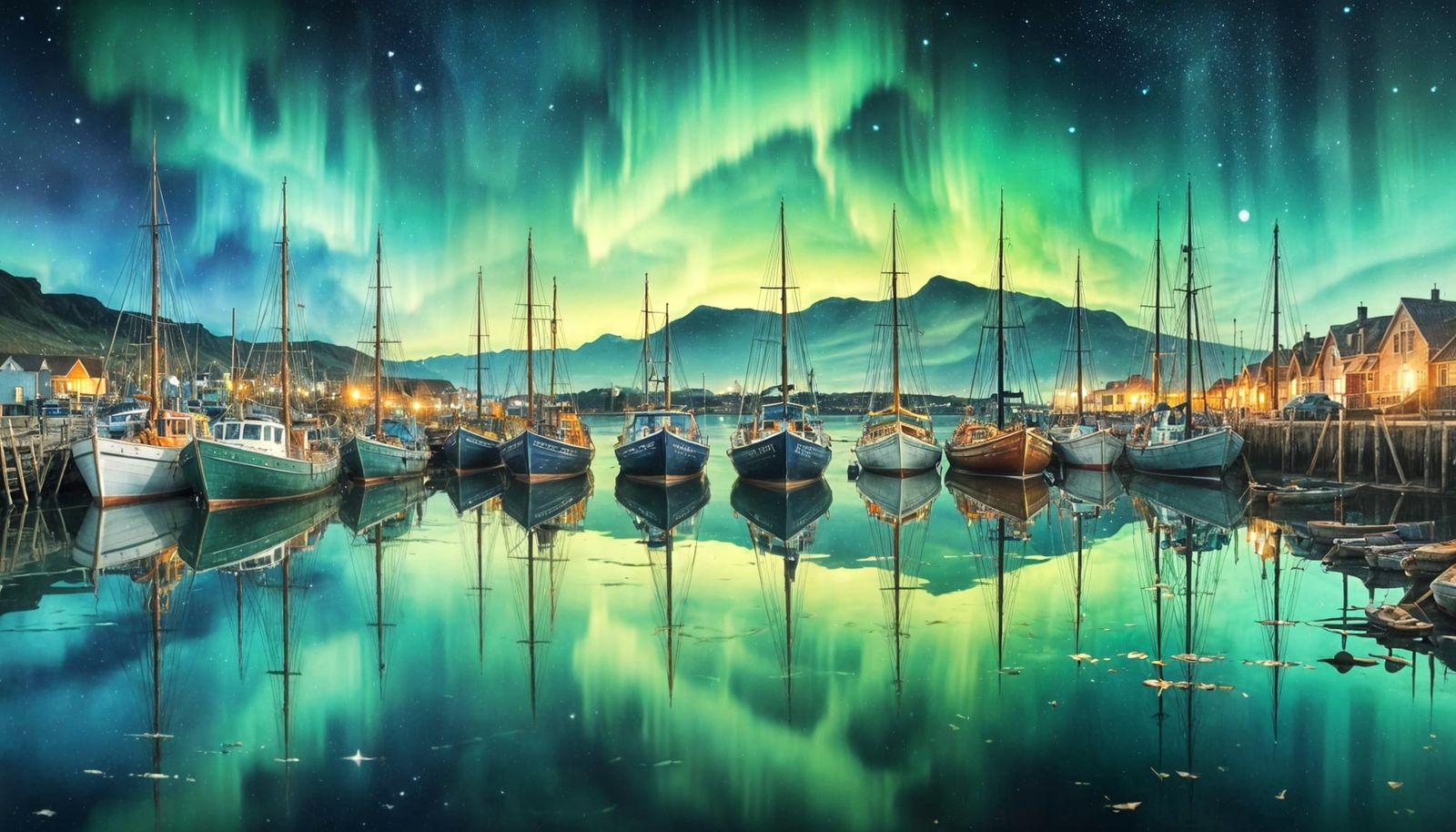 Scottish Harbor Under Northern Lights, Watercolour Style