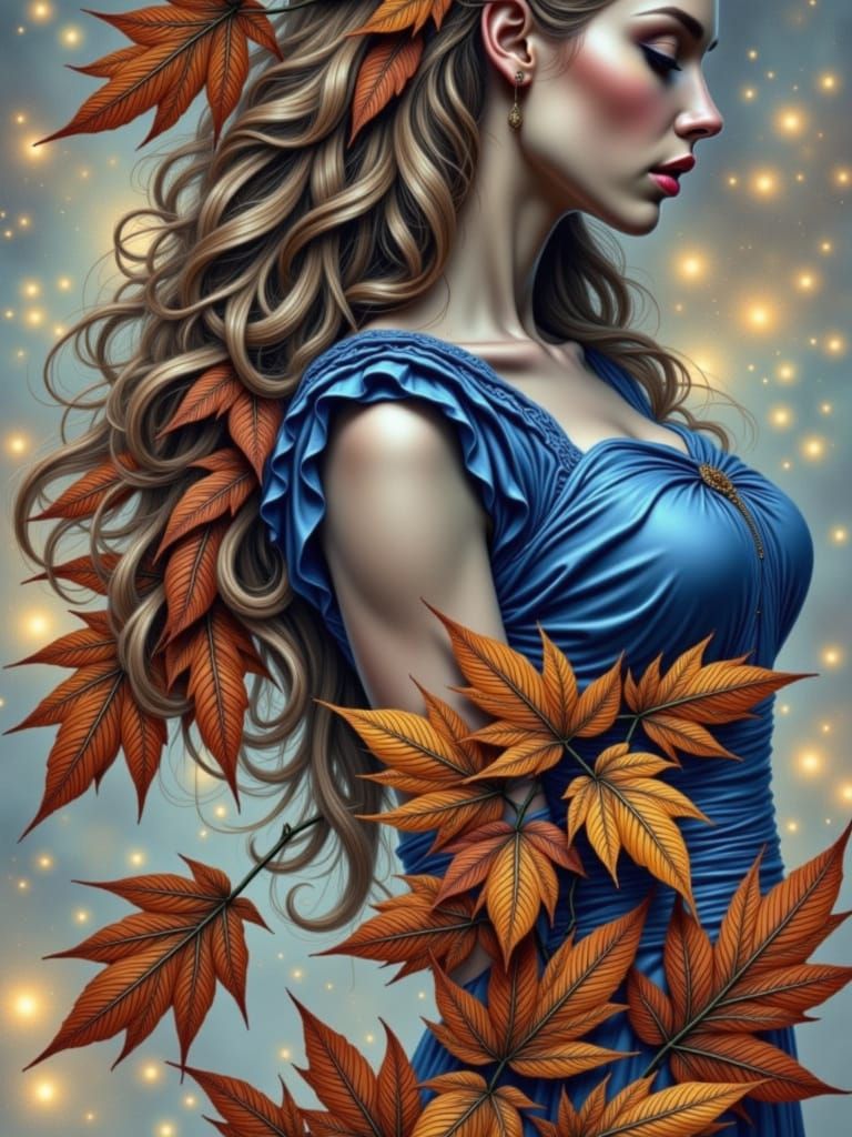 Autumn Goddess with Flowing Hair and Green Dress