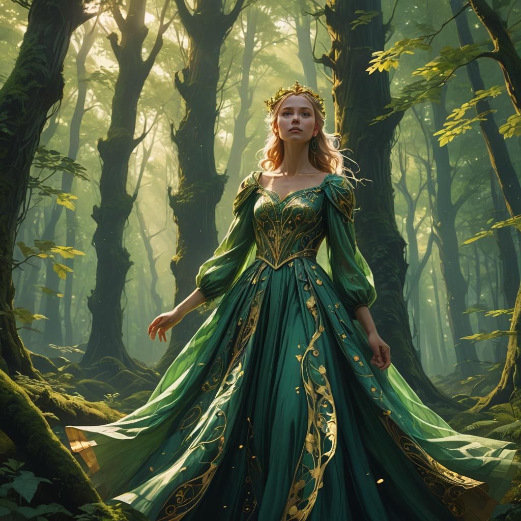 Green Princess in Mystical Forest: Fantasy Art