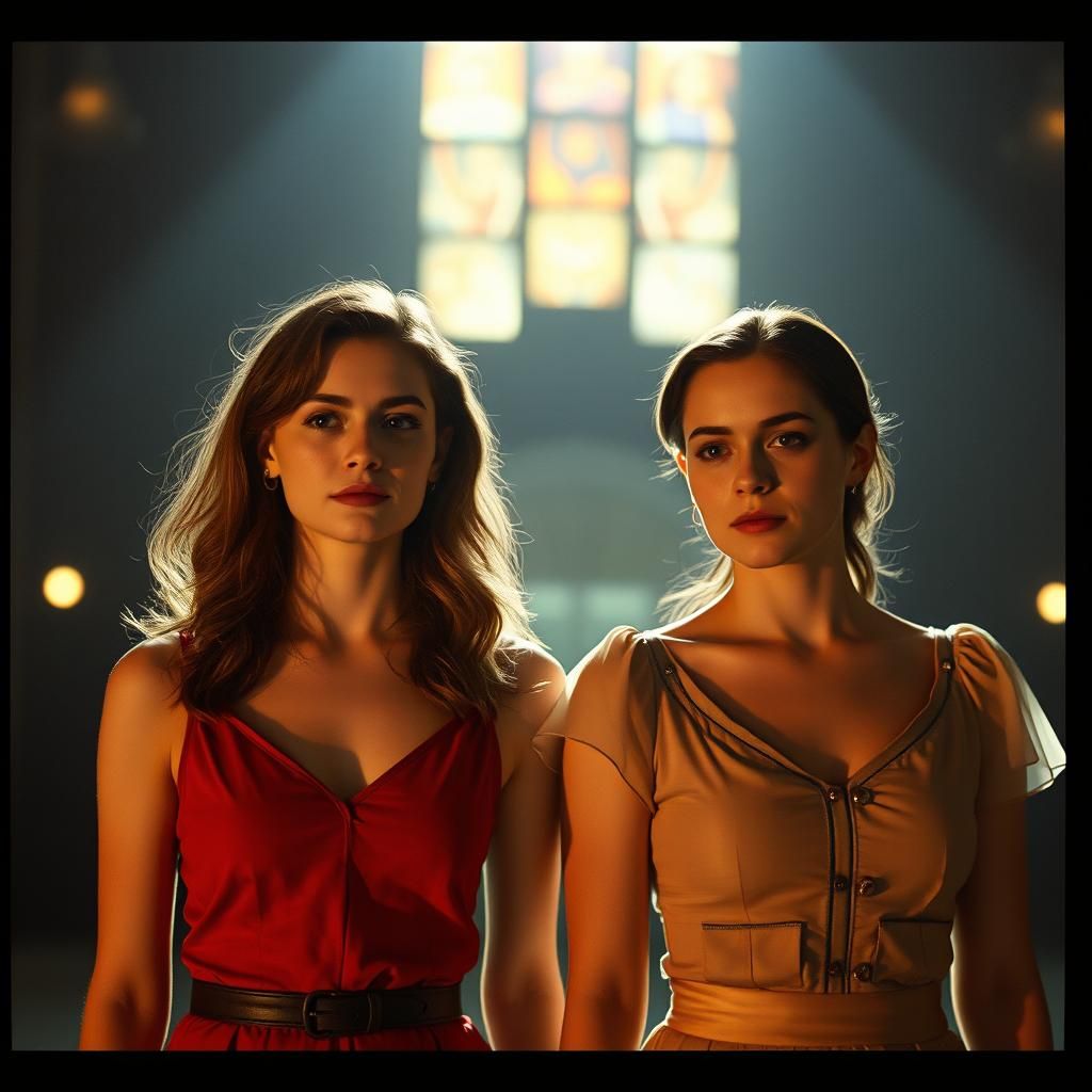 Cinematic Film Still of Two Emmas