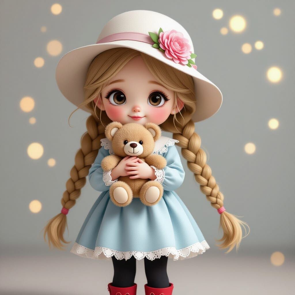 Cute Girl with Blonde Braids and Teddy Bear