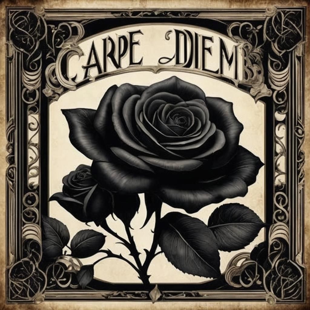 Gothic Calligraphic Black Roses with Art Deco 'Carpe Diem'