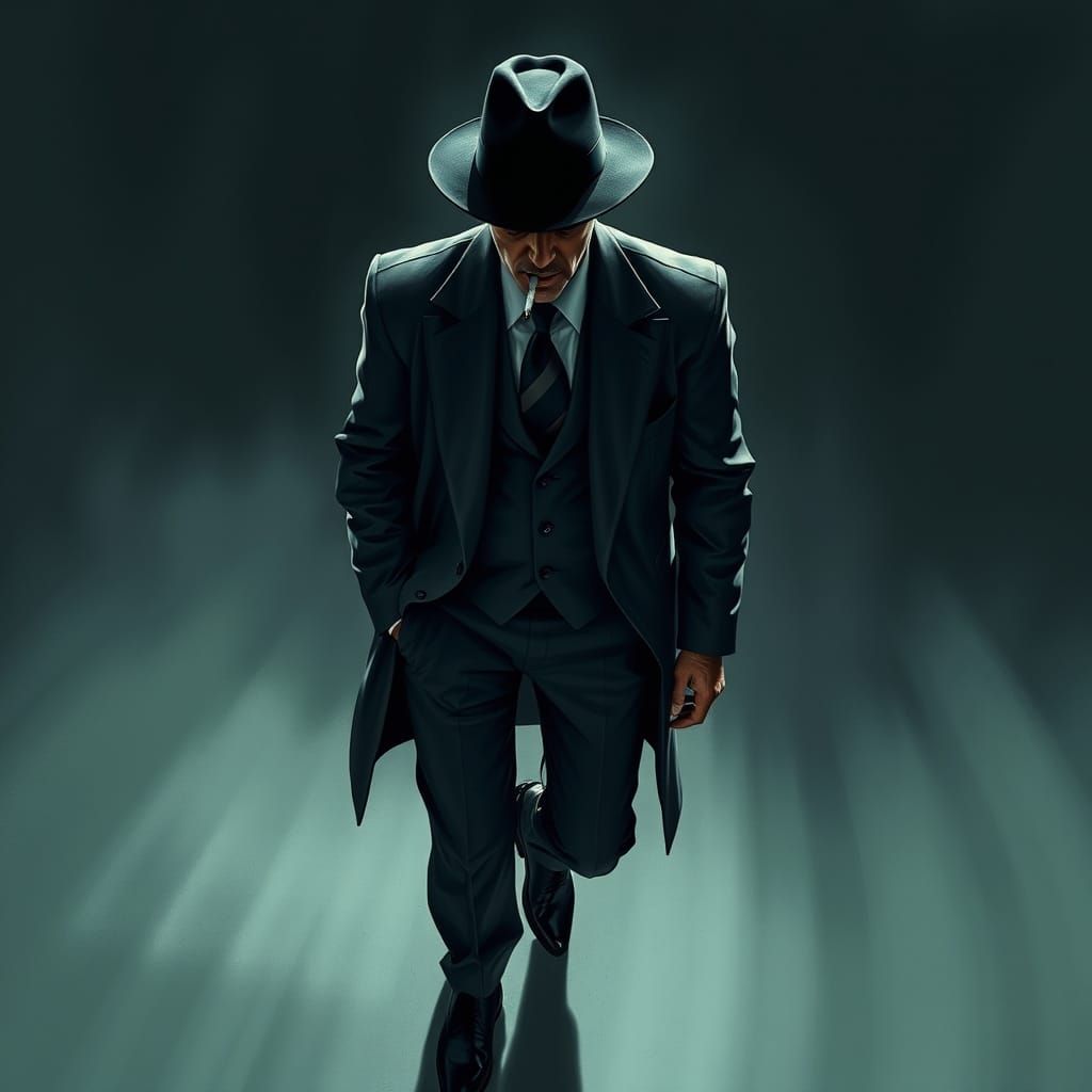 Man in Gray Suit with Fedora in Film Noir Style