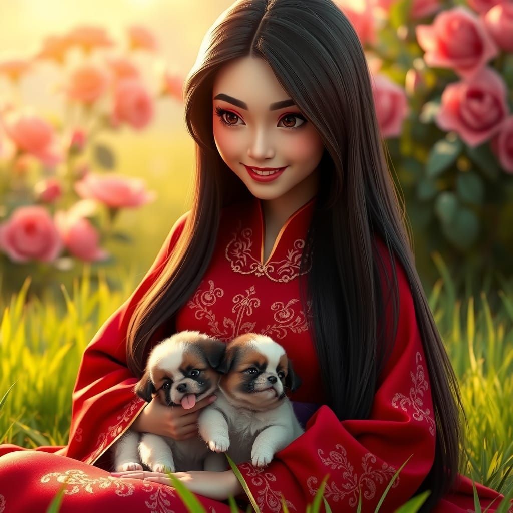 Mulan Portrait with Pekingese, Hyperdetailed Art